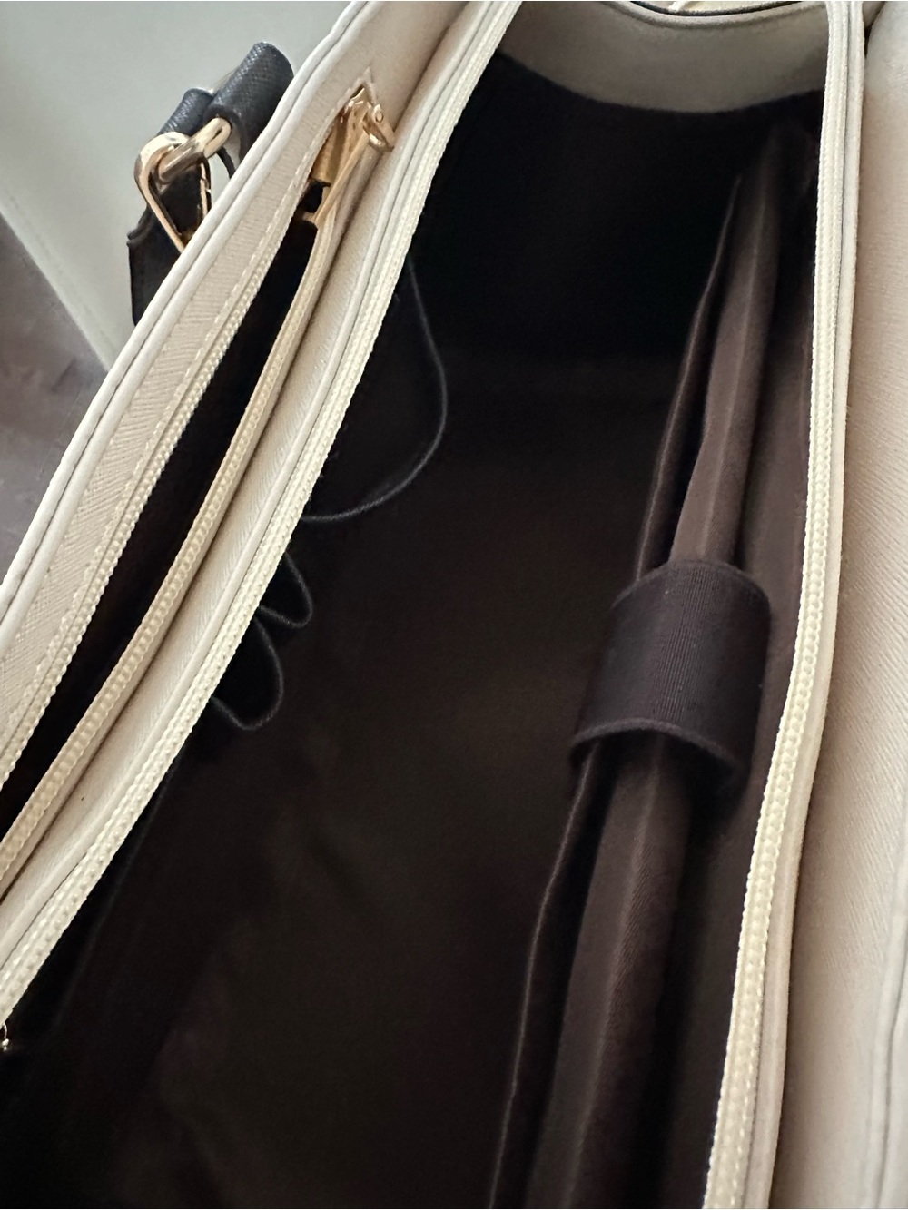 Three-Tone Structured Tote Bag - Black, Cream & Brown - Picture 5 of 5